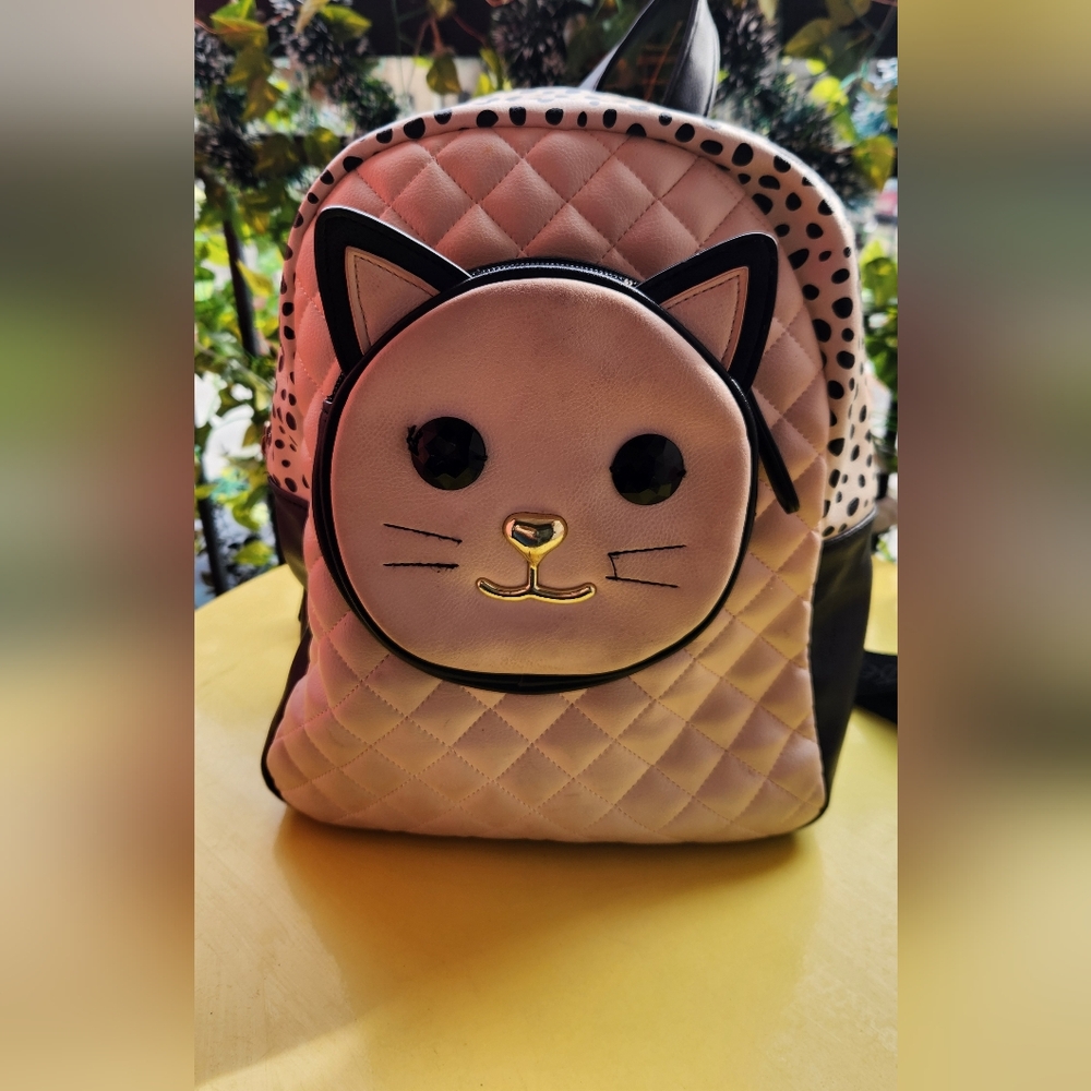 Betsey Johnson Cat Face Quilted Backpack - Black and Cream